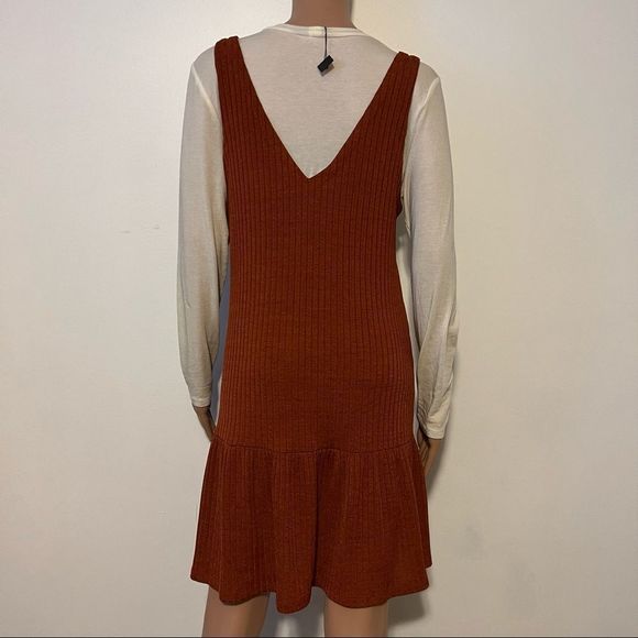 Long Sleeved Layered Dress Autumn Copper Brown and Cream Colored Undershirt - Picture 3 of 9
